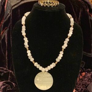 🔥BOGO🔥12” polished white stone necklace/gold tone beads. Gold tone bracelet.
